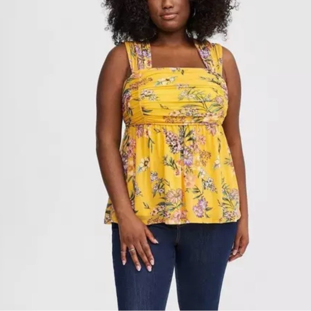 Torrid Top Stretch Mesh Square Neck Shirred Babydoll Ruching Floral Yellow Pink